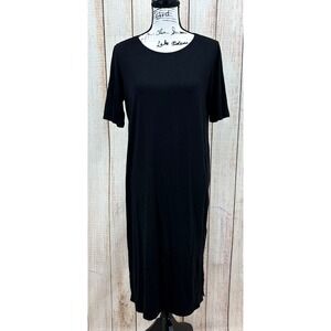 Eileen Fisher Black Round Neck Short Sleeve Midi‎ Dress Side Slit XS NWT $198